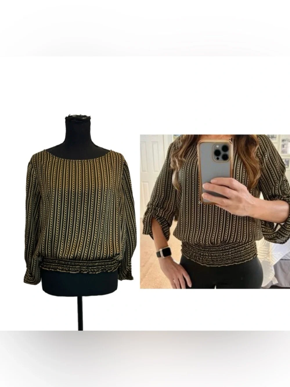 Michael Michael Kors women's blouse black gold chain print elastic waistband L - Picture 1 of 11